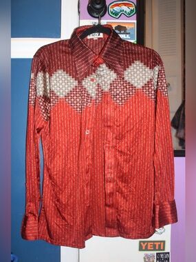 Vintage 70s Knock Knock Disco Shirt Women MDagger Collar Red Geometric Slinky NY